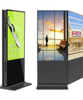 Slick 50 Inch Dual Sided Indoor Floor Standing Lcd Digital Signage Kiosk With Heavy Duty Rolling Stand displaying shoe ad and airport scene.
