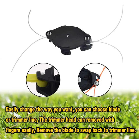 AC052N1 2 In 1 Pivoting Fixed Line And Bladed Head ACFHRL2 for 18V 24V 40V trimmers showing interchangeable line and blade.