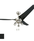 56 Inch Modern Ceiling Fan With LED Light And Pull Chain, brushed nickel finish, 3-blade design, dual mounting options.
