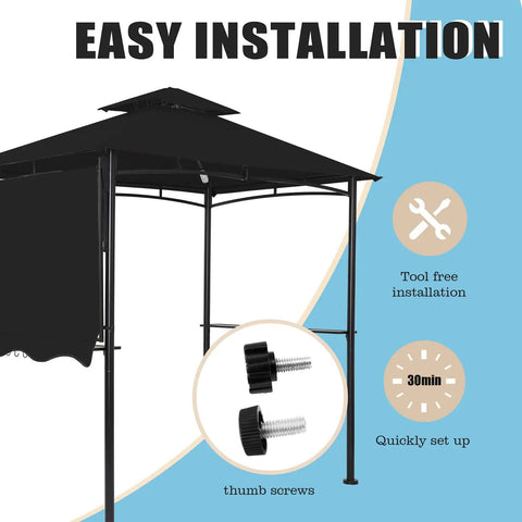 Side view of 5x8 Grill Gazebo With Extra Shade Awning Party Ready Vibe All Weather Steel Frame Double Tier Canopy Roof, easy install.