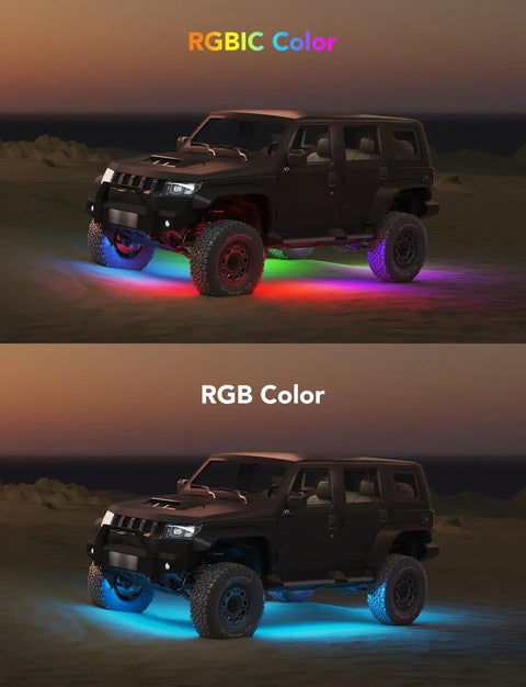 Black SUV with Car Underglow Lights RGBIC Kit With 16 Million Colors And 45 Scene Modes, glowing in RGBIC and RGB colors at night.