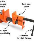 Four Pack Half Inch Pipe Clamps For Woodworking With Beefy Cast Iron Body And High Torque Lead Screw, Heavy Duty Clamping Power