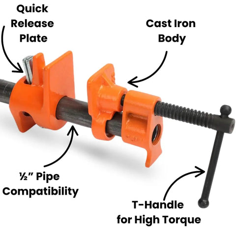 Four Pack Half Inch Pipe Clamps For Woodworking With Beefy Cast Iron Body And High Torque Lead Screw, Heavy Duty Clamping Power