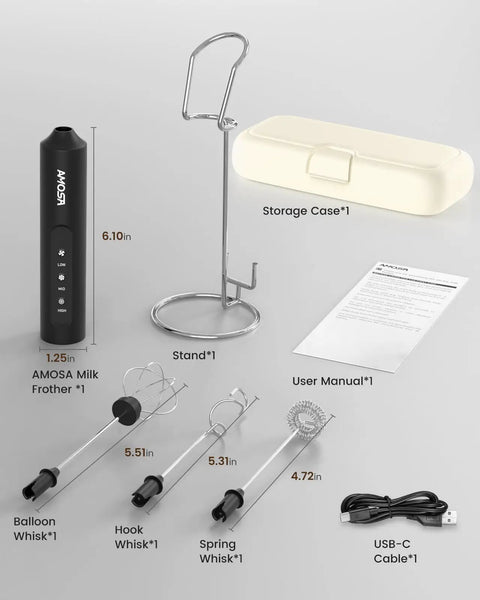 Image of Rechargeable Handheld Milk Frother with stand, USB C charge, 3 speeds, 3 heads, and travel case included.