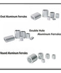 Knockout Performance Aluminum Crimping Loop Sleeve Wire Rope Ferrule Cable Tie Kit showing oval, double hole, and round aluminum ferrules.
