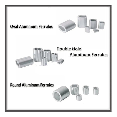Knockout Performance Aluminum Crimping Loop Sleeve Wire Rope Ferrule Cable Tie Kit showing oval, double hole, and round aluminum ferrules.