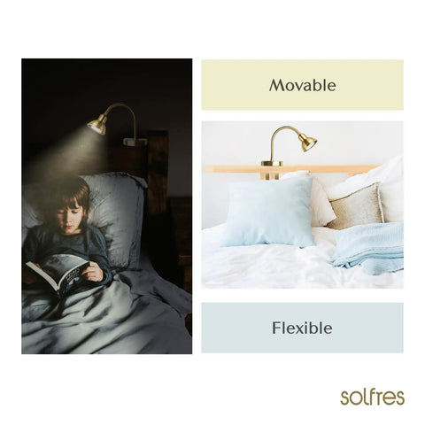 No Drill Headboard Reading Light With Dimmable LED, Gold Finish on headboard illuminating a child reading in bed.