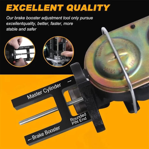 Pro Grade Brake Booster Push Rod Adjustment Tool With Magnet, Vehicle Pedal Length Gauge For Precise Master Cylinder Tuning, Durable Alloy Construction, Universal Fit For SUV Truck Auto Repair showing master cylinder and brake booster use