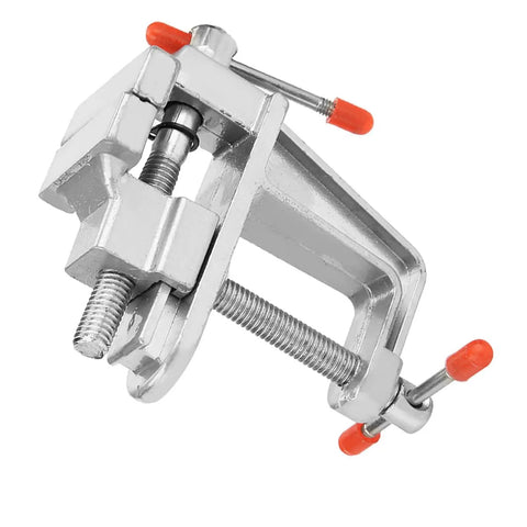 Must-Have Compact Vistreck Mini Flat Pliers Vise Clamp With 360 Degree Rotating Aluminum Alloy Table Vice Tool detailed view showing silver metal construction.