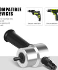 Heavy Duty Alloy Metal Shear Cutter With Interchangeable Heads For Versatile Sheet Metal Cutting handle and compatible drill attachment.