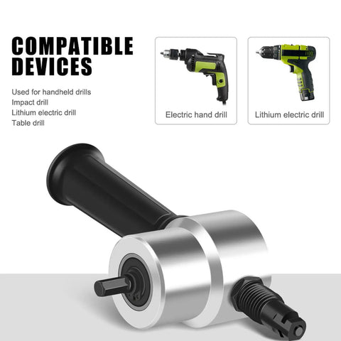 Heavy Duty Alloy Metal Shear Cutter With Interchangeable Heads For Versatile Sheet Metal Cutting handle and compatible drill attachment.