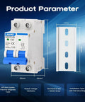 Miniature Circuit Breaker 1000V 2 Pole 20 Amp Isolator For Solar PV Systems With Thermal Magnetic Trip DIN Rail Mount C20 DC Disconnect Switch And Instantaneous Overload Protection shown with dimension details.