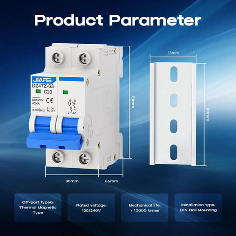 Miniature Circuit Breaker 1000V 2 Pole 20 Amp Isolator For Solar PV Systems With Thermal Magnetic Trip DIN Rail Mount C20 DC Disconnect Switch And Instantaneous Overload Protection shown with dimension details.
