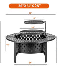 36 Inch Fire Pit With 2 Grills Lid And Round Waterproof Cover 3 In 1 Outdoor Fire Pit Table dimensions with grills