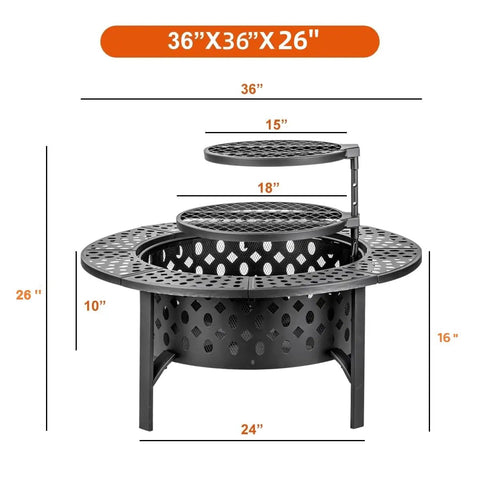36 Inch Fire Pit With 2 Grills Lid And Round Waterproof Cover 3 In 1 Outdoor Fire Pit Table dimensions with grills