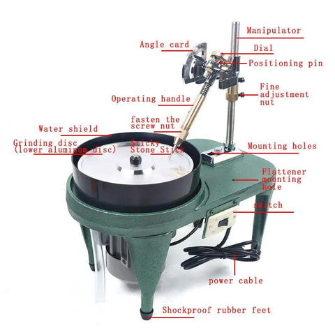 All In One Gem Faceting And Polishing Machine 180W with labeled parts and 8-inch diamond flat grind disk, suitable for jewelry work.