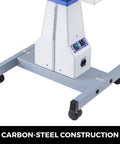 Base of Beefy Dual Instrument Motorized Working Table For Optics And Eyewear, carbon steel frame with wheels, close-up view
