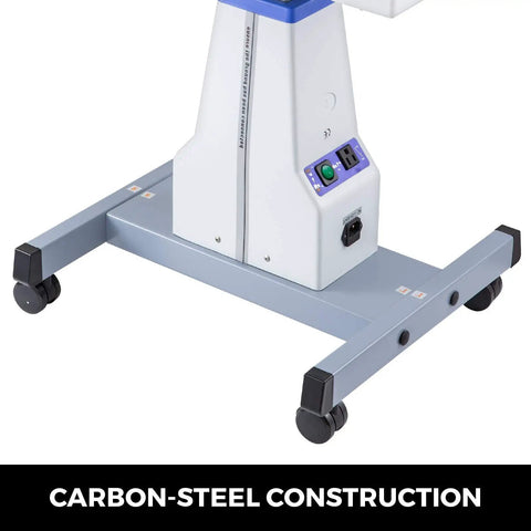 Base of Beefy Dual Instrument Motorized Working Table For Optics And Eyewear, carbon steel frame with wheels, close-up view