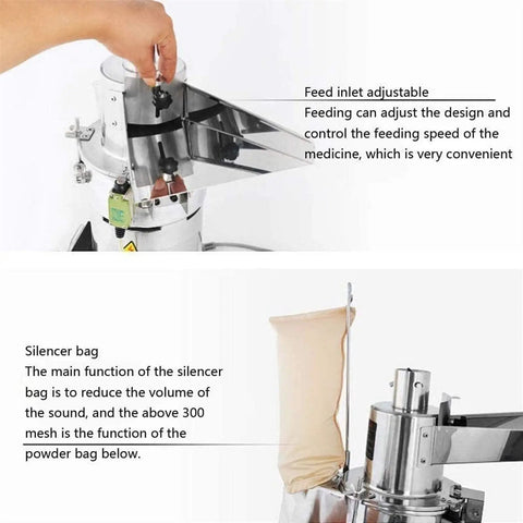 Beast High Speed Electric Grain Grinder feed inlet adjustment and silencer bag attachment for cereal and spice processing