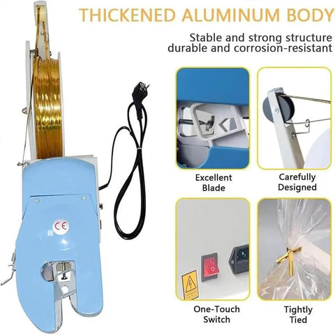 No Sweat Electric Semi Automatic Bag Closure Machine Twist Tie Bundler For Food Packaging Total Breeze Twisting Tool showing aluminum body and binding wire.