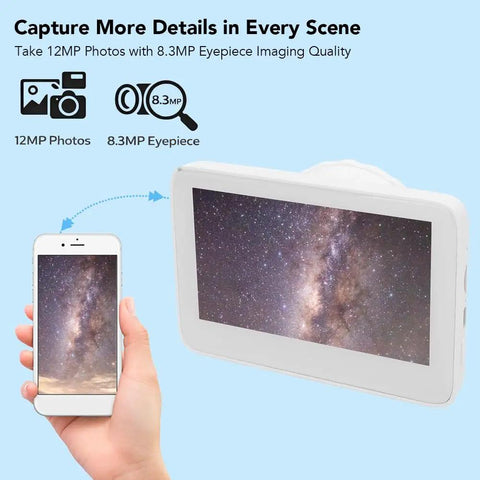 Person using smartphone to capture image from 4K Telescope Eyepiece Camera With 5 Inch HD Display, 5X Digital Zoom, And 3840x2160 Video Capture.