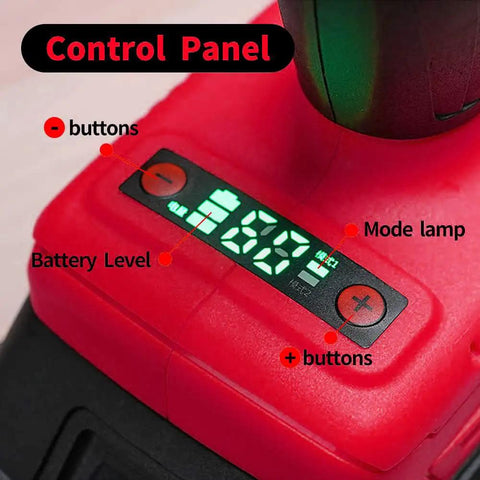 Top Tier Cordless Rivet Gun With Dual 26V Batteries And Fast Charger For Pulling Steel Aluminum Rivets On RV Boats Downspouts And Auto Repairs Automatically Setting Sizes control panel with battery display and mode buttons