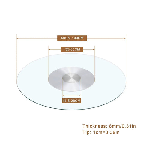 Rotating Lazy Susan Turntable For Kitchen And Dining Table With Tempered Glass dimensions and thickness details shown