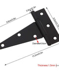 10 Pack 4 Inch T Strap Hinges Heavy Duty Tee Hinges Black For Barn Doors Gates Fences Gardens And Outdoor Indoor Use With Screws Included Durable Steel Construction For Long Lasting Performance. Close-up of hinge with measurements.