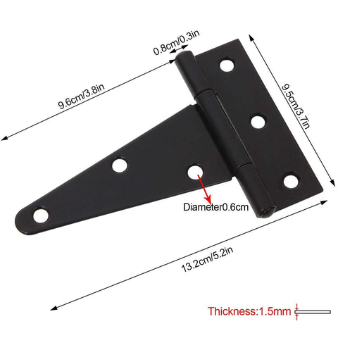 10 Pack 4 Inch T Strap Hinges Heavy Duty Tee Hinges Black For Barn Doors Gates Fences Gardens And Outdoor Indoor Use With Screws Included Durable Steel Construction For Long Lasting Performance. Close-up of hinge with measurements.