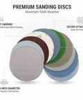 Heavy Duty Aluminum Oxide Sanding Discs With Flexible Backing For Tough Cutting And Smooth Finishes On Wood Metal Or Paint That Resist Tearing And Conform Perfectly To Weird Shapes Without Gunking Up Your Drill Today, showcasing various grits, 5.5-inch diameter.