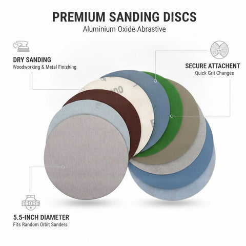 Heavy Duty Aluminum Oxide Sanding Discs With Flexible Backing For Tough Cutting And Smooth Finishes On Wood Metal Or Paint That Resist Tearing And Conform Perfectly To Weird Shapes Without Gunking Up Your Drill Today, showcasing various grits, 5.5-inch diameter.