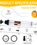 Product specifications for Grease Monkey Pick Fluid Extractor Pump With 39 Inch Hose And Reinforced Extension Tubes, showing measurements and components.