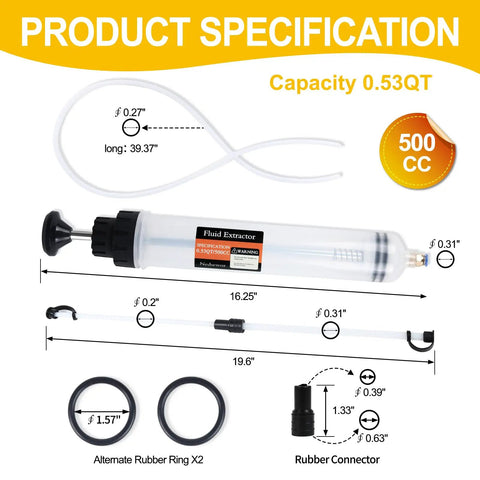 Product specifications for Grease Monkey Pick Fluid Extractor Pump With 39 Inch Hose And Reinforced Extension Tubes, showing measurements and components.