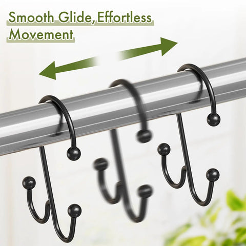 Double Shower Curtain Hooks For Curtain And Liner, Rustproof Metal Rings, smooth glide on shower rod, black hooks closeup