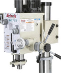 Close-up of control panel on heavy duty gearhead drill press with three eighth inch chuck floor model solid black finish