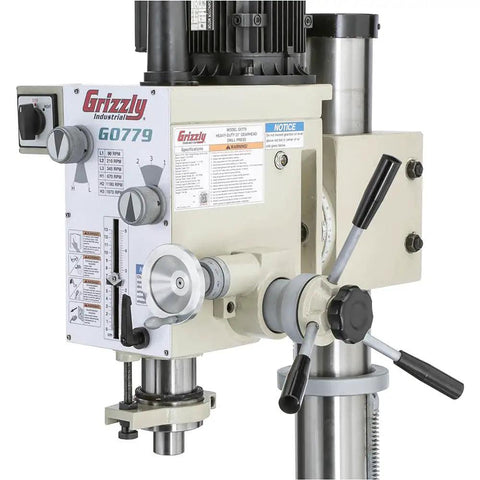 Close-up of control panel on heavy duty gearhead drill press with three eighth inch chuck floor model solid black finish