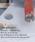 BGTEC diamond core drill bit, 45 mm (1-3/4 in), red body, close-up of diamond cutting edge near granite surface.