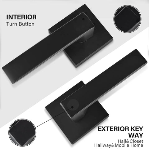 Heavy Duty Hall And Closet Door Lock With Square Lever Matte Black Zinc Alloy For Passage Doors Reversible