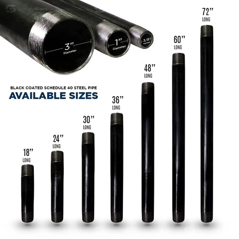 Available sizes of black coated steel pipes including 18 Inch Black Steel Pipe One And One Half Inch Nominal Diameter Pre Cut Schedule 40