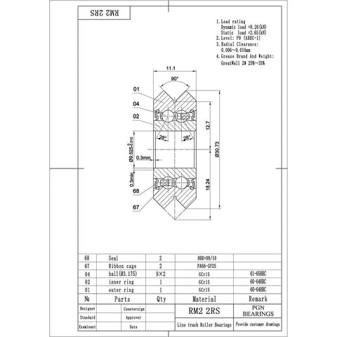 Technical drawing of 8 Pack Rubber Sealed V Groove Roller Ball Bearings 3/8 Inch RM2-2RS with specifications and dimensions