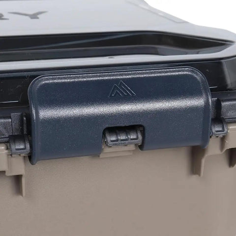 Close-up of Alpaca 45L Waterproof Gear Box with IP65 dustproof rugged latch design and clearview removable lid in Mirage Tan color.