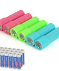 Pocket Size 9 LED Mini Flashlight Pack Six With Lanyards Multicolor Beams And 18 AAA Batteries Included displayed in color.