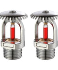Five Pack Heavy Duty Brass Fire Sprinkler Heads Featuring Rapid Activation Red Glass Thermal Bulb For Upright Water Spray And No Sweat Indoor Safety Protection Setup, showcasing two brass units with red glass bulbs.