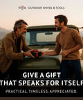 Mini multitool knife 12-in-1: two men hand a small gift box in front of a green SUV at sunset; Outdoor Knives & Tools branding.