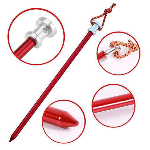 Close-up of 9 Inch Tent Stakes Set Lightweight Aluminum Alloy Ground Pegs for Outdoor Camping and Hiking, showing details and red finish.