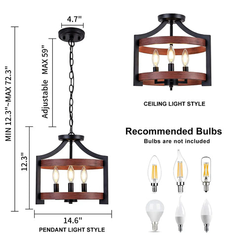 Diagram of Convertible Three Light Farmhouse Chandelier With Pendant Or Semi Flush Mount Ceiling Light Dope Rustic Black Metal And Walnut Wood Finish showing adjustable height and recommended bulbs