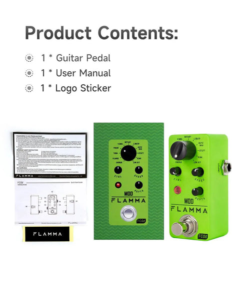 Mini Modulation Pedal With 11 Classic Effects Chorus Flanger Tremolo Phaser Vibrato Rotary Liquid Auto Wah Stutter Ring Low Bit Durable Metal Shell Tiny But Mighty Portable For Stage And Studio Use Pedalboard Friendly shown with manual and logo sticker