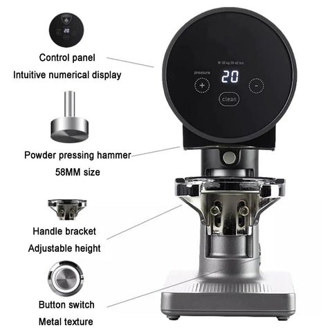 Automatic 58mm Electric Coffee Tamper With Height Adjustable Stand and Rock Solid Precision Press for Smooth Espresso Pulls, showing controls.