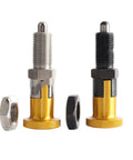Tough As Nails Self Locking Indexing Plunger With Fine Thread Aluminum Knob And Durable Carbon Steel M5 To M16 Shop Floor Ready Alignment Pin For Cnc Routers Woodworking Jigs And Assembly Fixtures, showing gold and black indexing plungers and nuts.