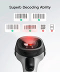 Bluetooth Barcode Scanner With Long Battery Life, 1 Charge Powers 180 Days Standby And 115 Foot Range, Automatic Fast And Precise 1D Scanning, Plug And Play In 3 Seconds, Works With iOS Android Windows Mac Linux Raspberry Pi in action showing superb decoding ability and barcodes.".  